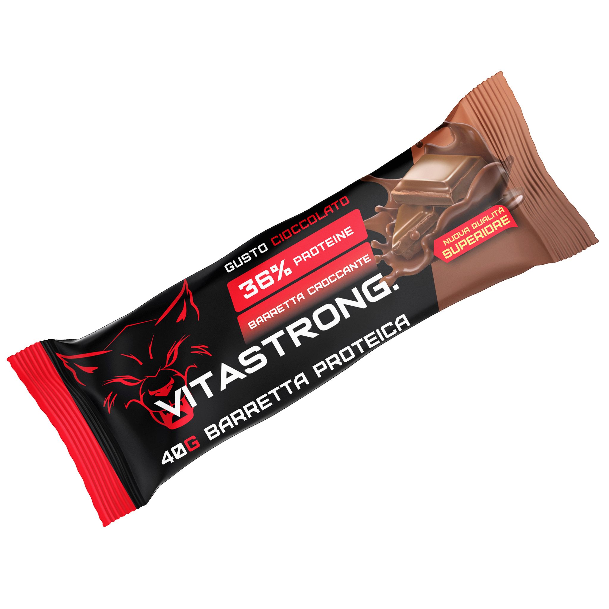 Proteinriegel, braune Verpackung. Aufschrift: Vitastrong, 36% Protein, 40g Barretta Proteica, Geschmack Cioccolato.