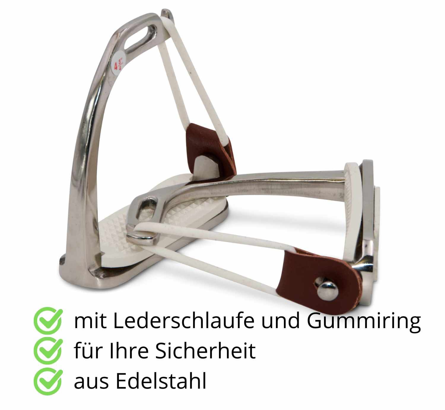 Edelstahl-Steigbügel mit Lederschlaufe und Gummiring. Text: "mit Lederschlaufe und Gummiring für Ihre Sicherheit aus Edelstahl".
