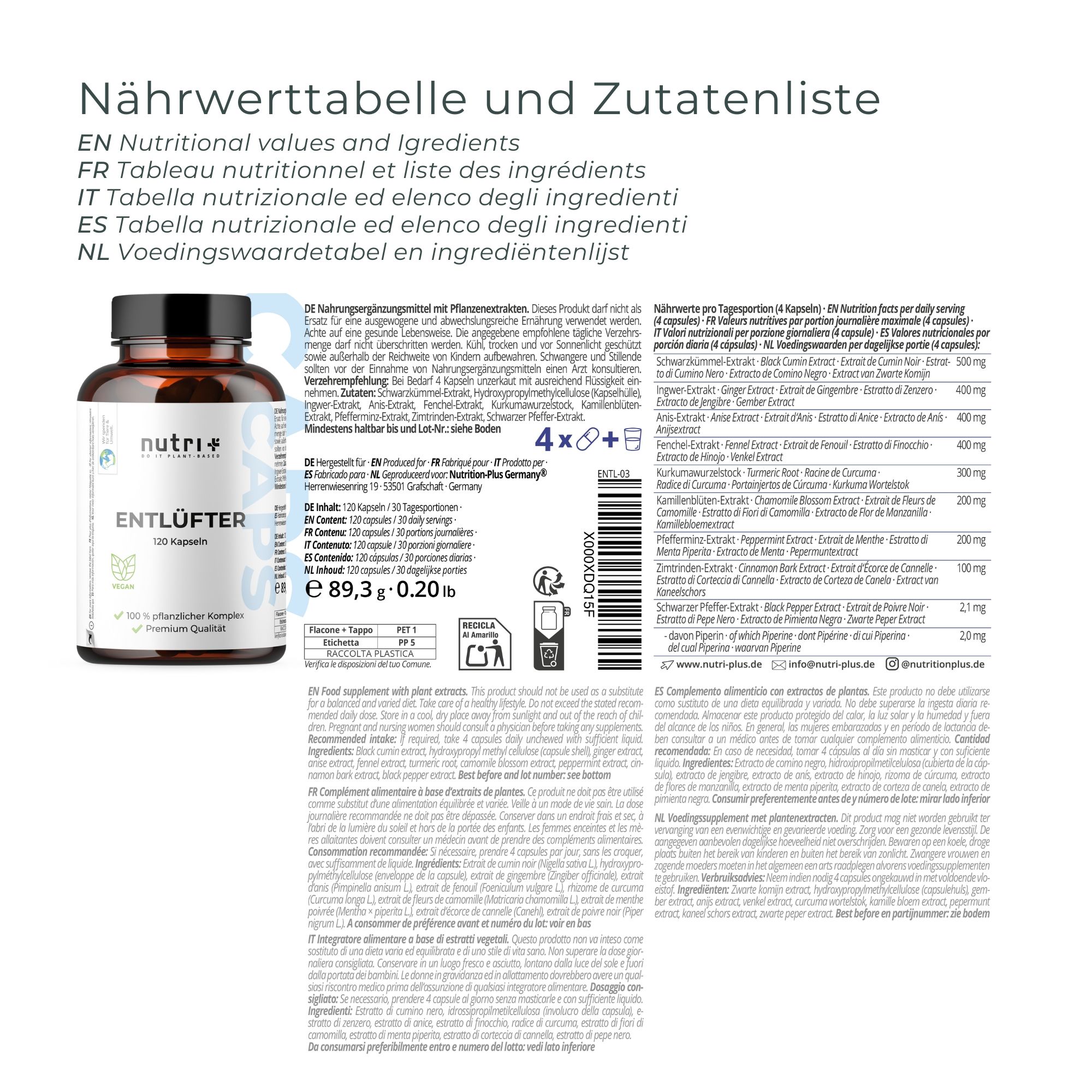 Nährwerttabelle und Zutatenliste. Enthält Informationen in Deutsch, Englisch, Französisch, Italienisch und Niederländisch.