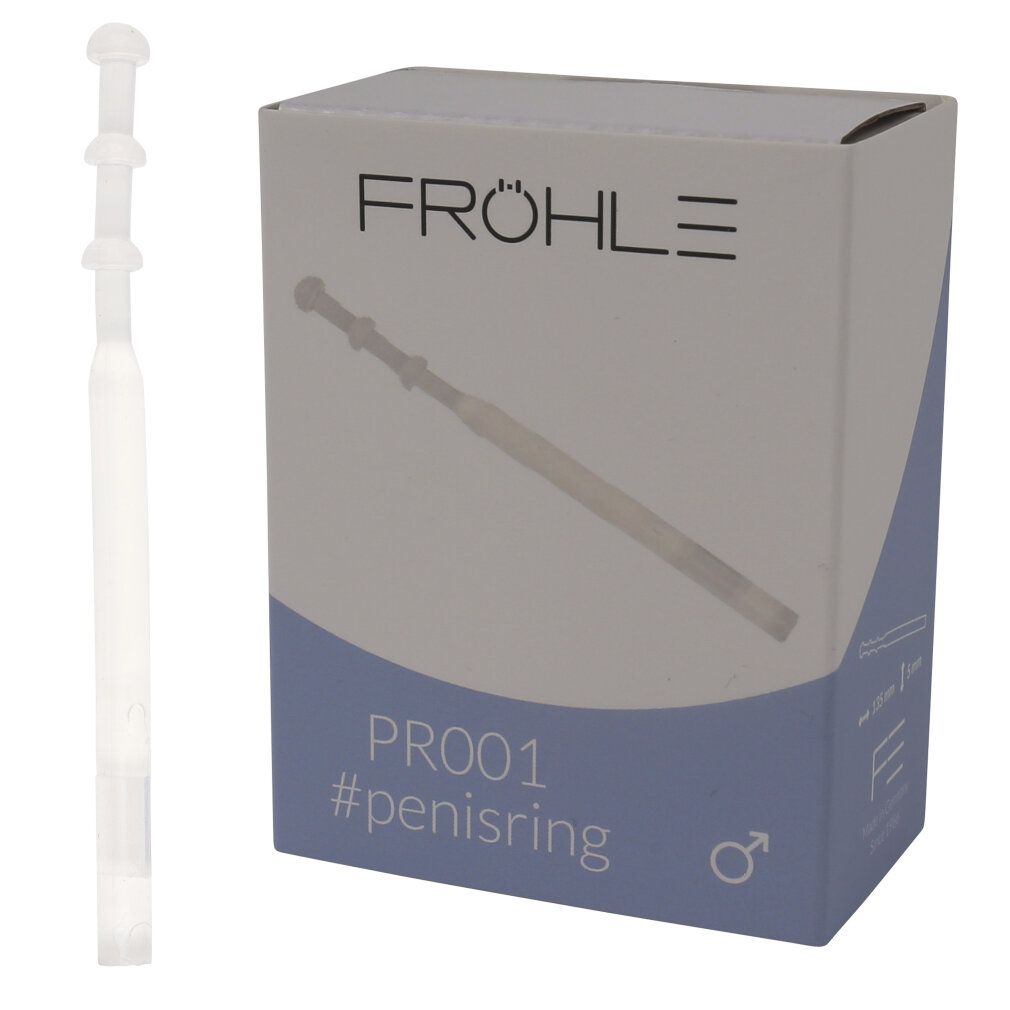 Produkt und Verpackung. Verpackung mit Produktabbildung. Aufschrift: Fröhle, PR001, #penisring. Männliches Symbol. Produkt: Penisring.