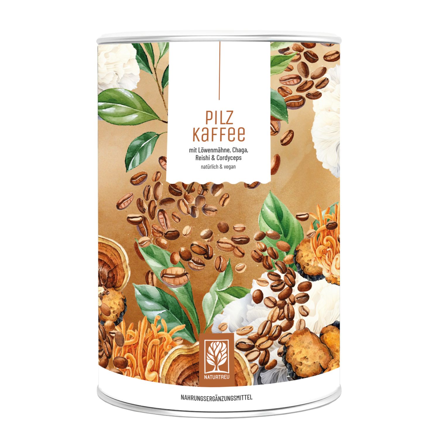 Zylindrische Dose mit Pilzkaffee-Etikett. Abbildung von Kaffeebohnen, Pilzen und Blättern. Text: Pilzkaffee, Reishi, Chaga, Cordyceps.