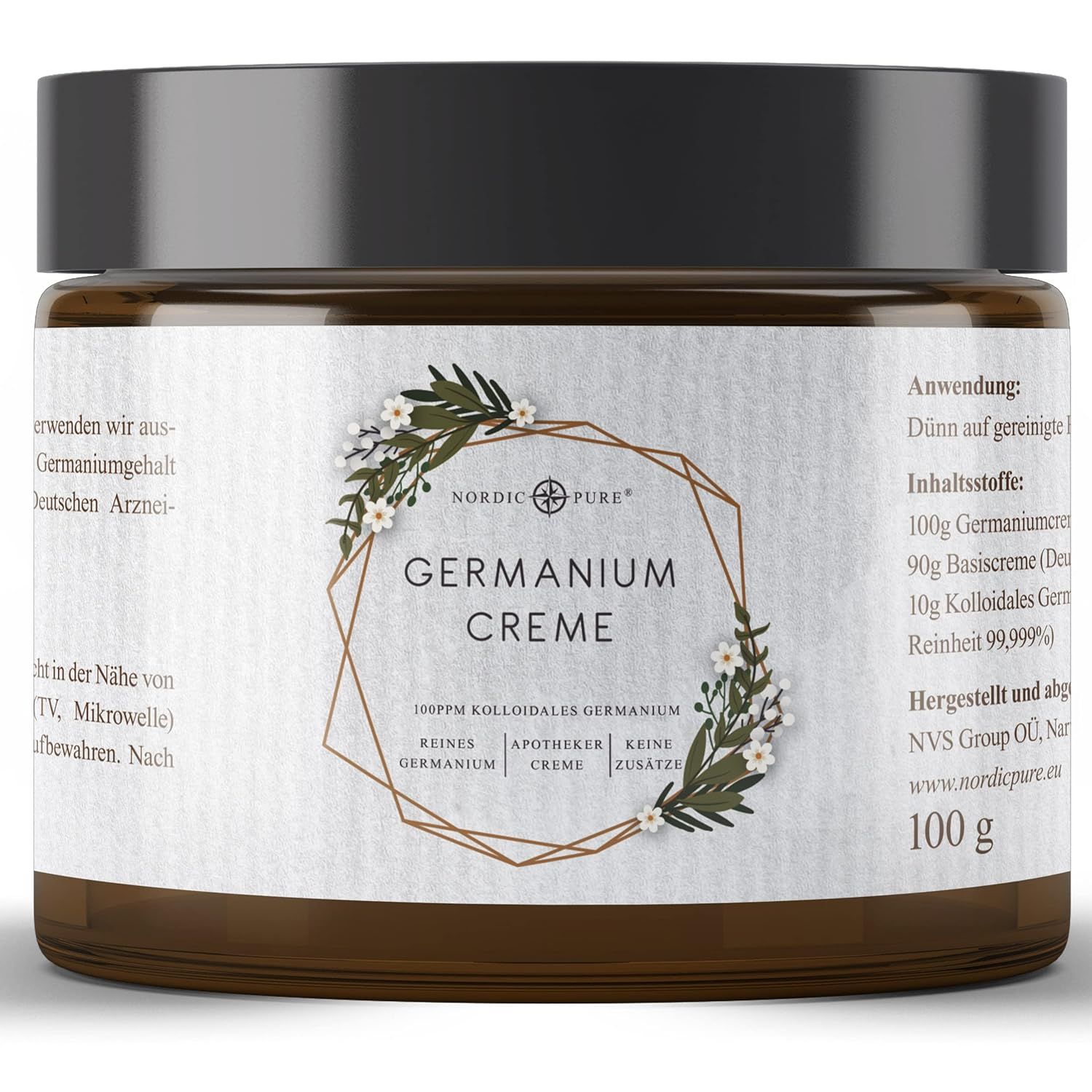 Braunes Cremetiegel mit schwarzem Deckel. Aufschrift: Germanium Creme, 100 g. Etikett mit floralem Design und Produktinformationen.