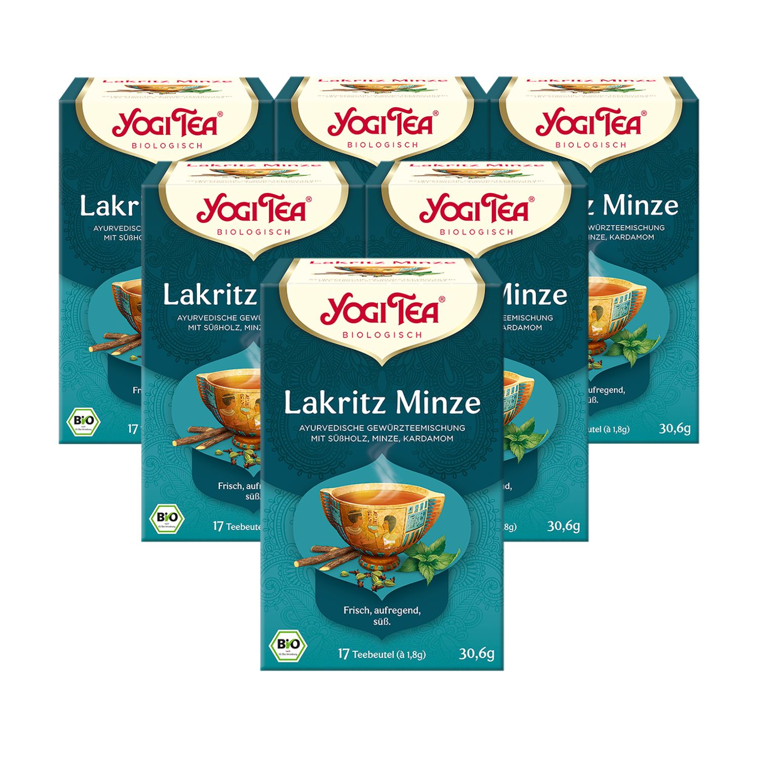 Mehrere Packungen Yogi Tea Lakritz Minze. Blaue Verpackung mit Logo und Produktbezeichnung. Bio-Siegel.