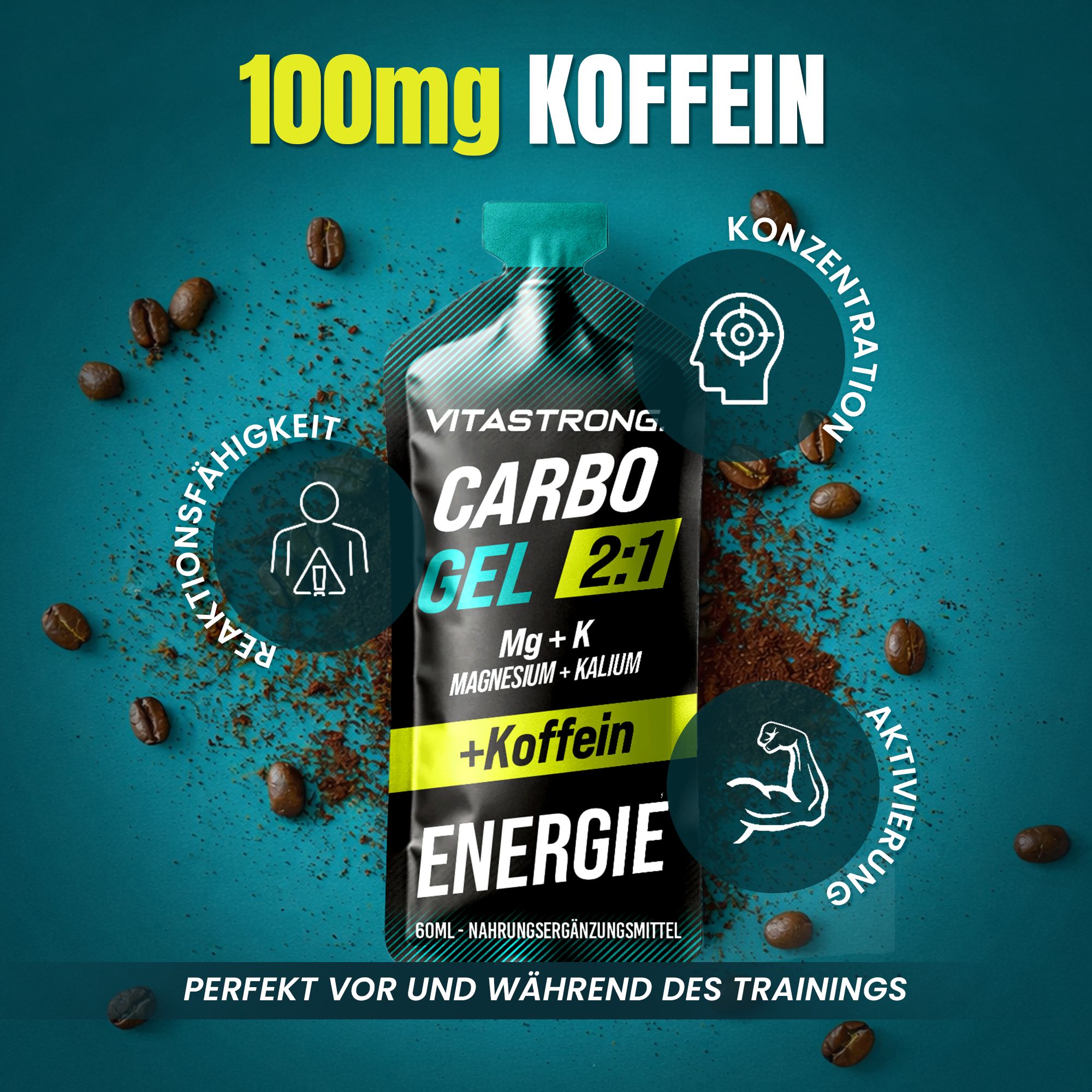 Vitastrong Carbo Gel 2:1 + Koffein. Gel-Packung. Text: Carbo Gel 2:1, Mg + K, Magnesium + Kalium + Koffein, Energie. Kaffeebohnen, Symbole.
