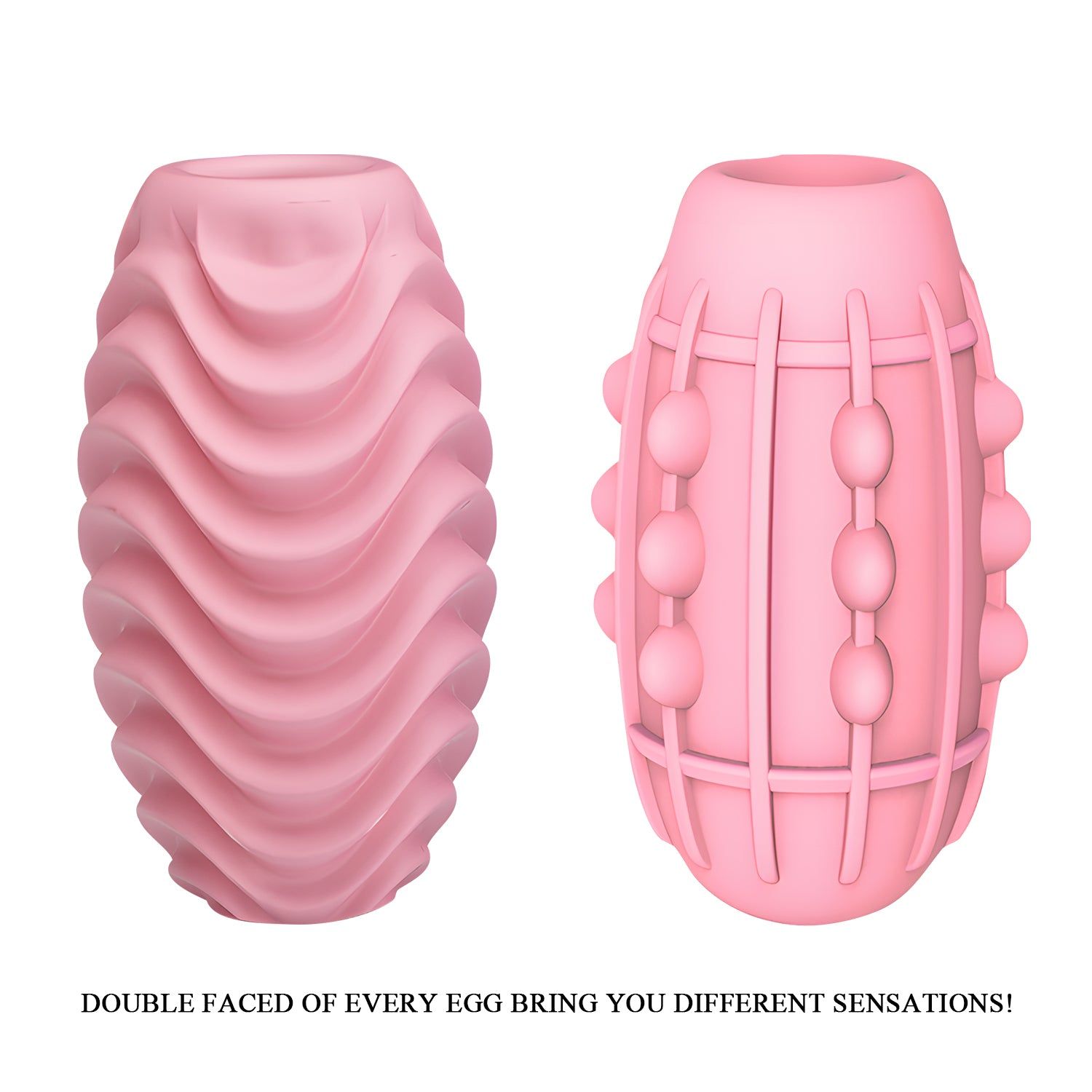 Zwei rosa Masturbator-Eier. Eins mit gewellter Oberfläche, das andere mit Noppen.