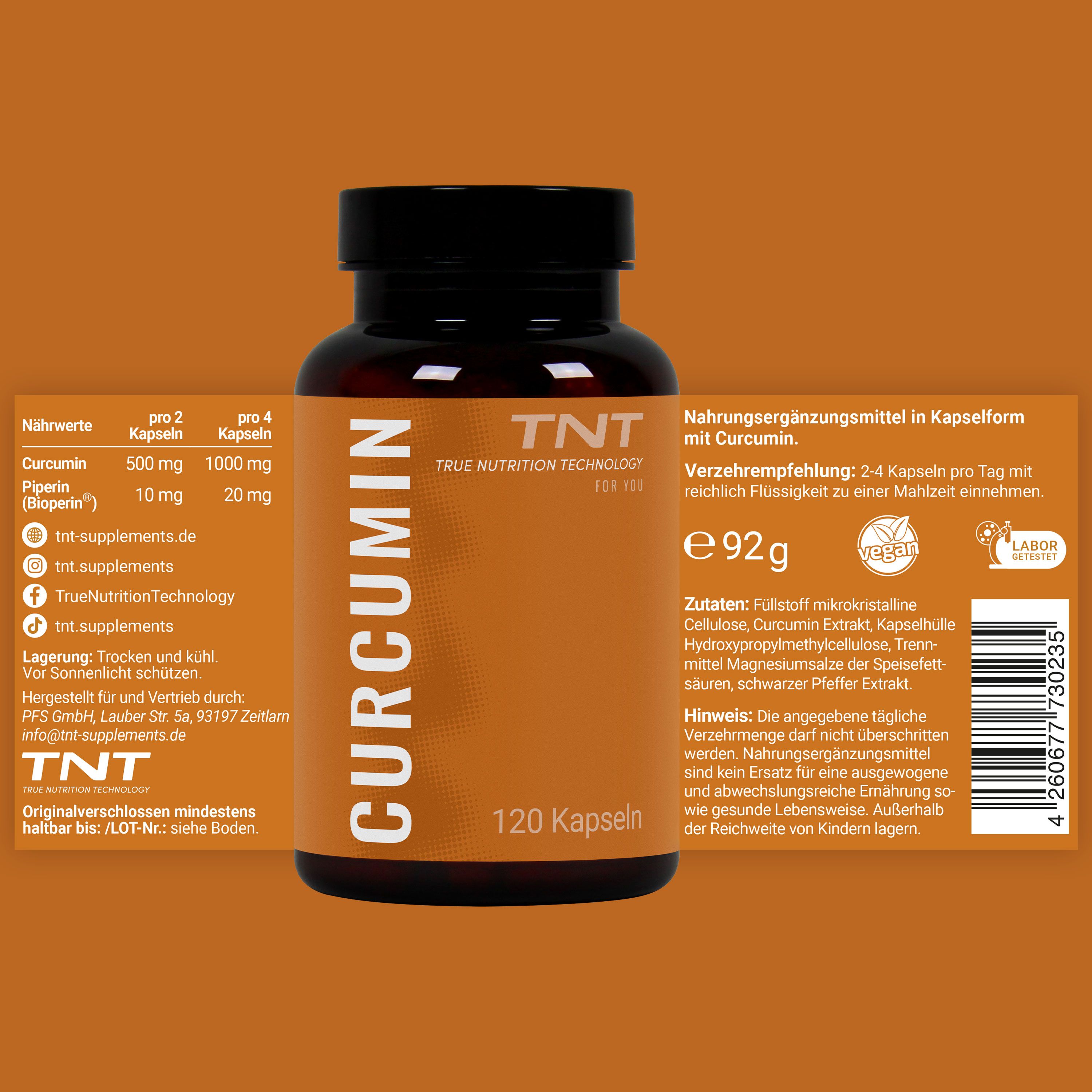 Kapsel-Dose mit Etikett. Texte: Nährwertangaben, Verzehrempfehlung, Zutaten, Hinweise. TNT-Logo. 120 Kapseln. Labor-Siegel.