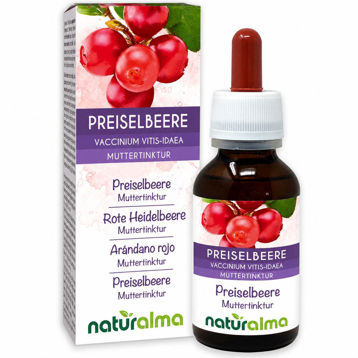 Tropfenflasche mit Pipette, Etikett mit Beeren und Aufschrift 'PREISELBEERE'.