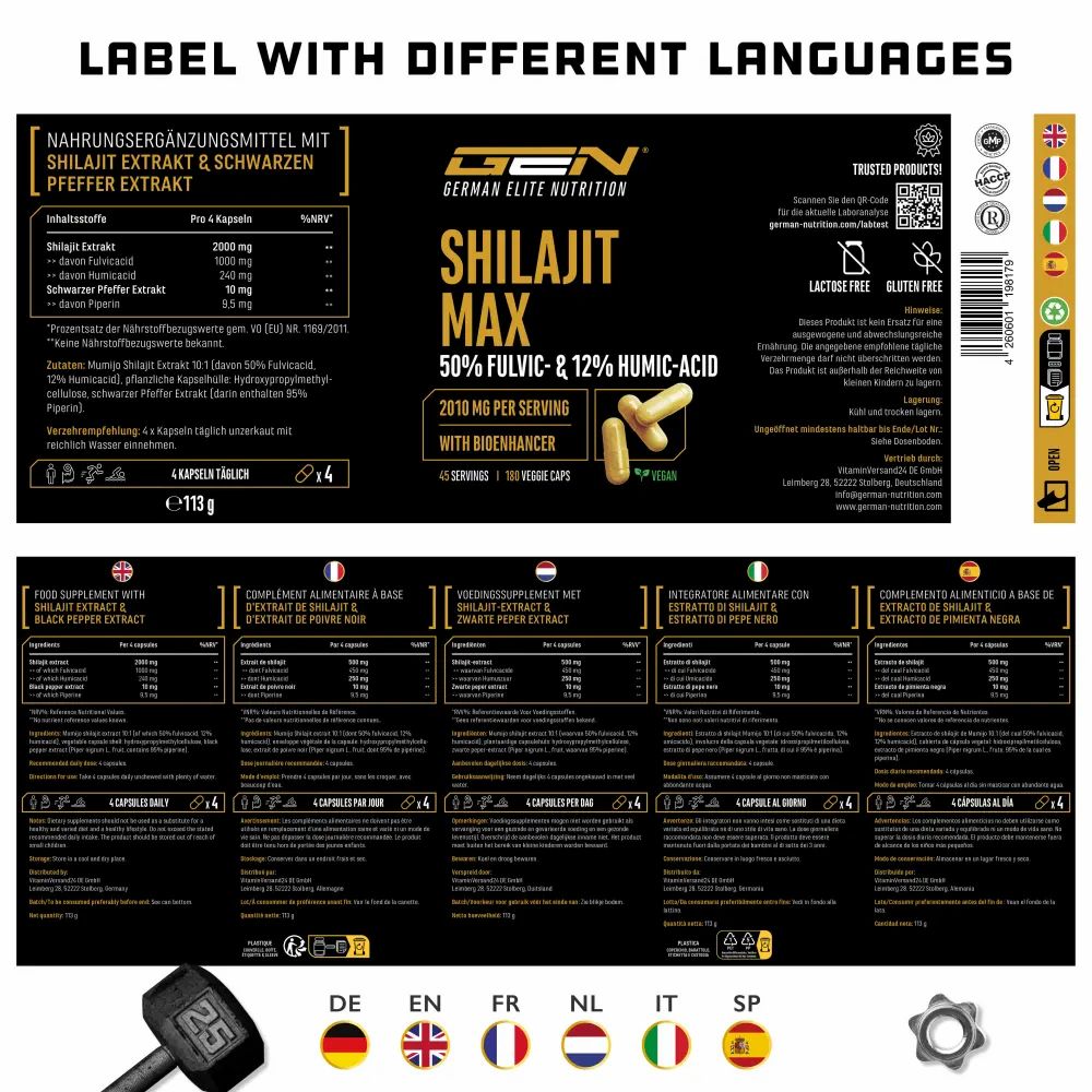 Etikett mit verschiedenen Sprachen. Nahrungsergänzungsmittel mit Shilajit Extrakt & Schwarzem Pfeffer Extrakt. GEN Shilajit Max.