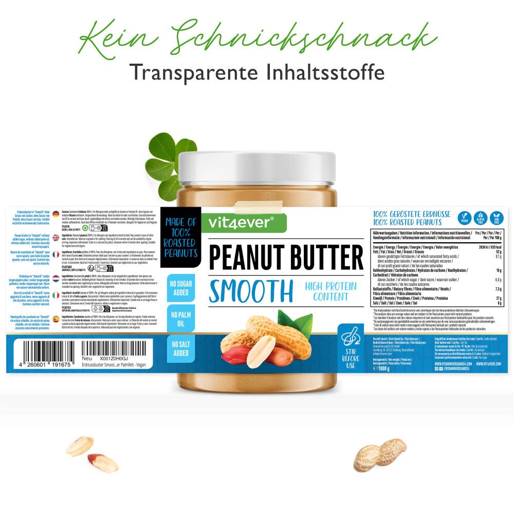 Glas mit Erdnussbutter, Etikett mit Produktinformationen. Text: vit4ever, Peanut Butter Smooth, High Protein Content. Abbildung von Erdnüssen.