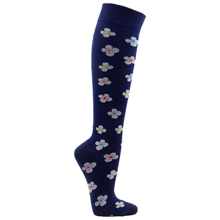 Kniestrümpfe, dunkelblau mit weißen, gelben, rosa und hellblauen Blumenmuster.