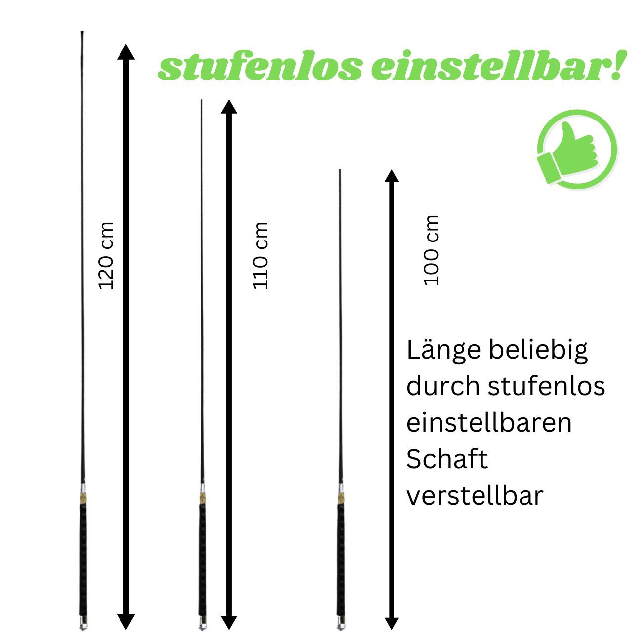 Dressurgerte, stufenlos verstellbar von 100 bis 120 cm. Schwarzer Schaft, goldfarbene Details. Längenangaben: 100, 110, 120 cm.