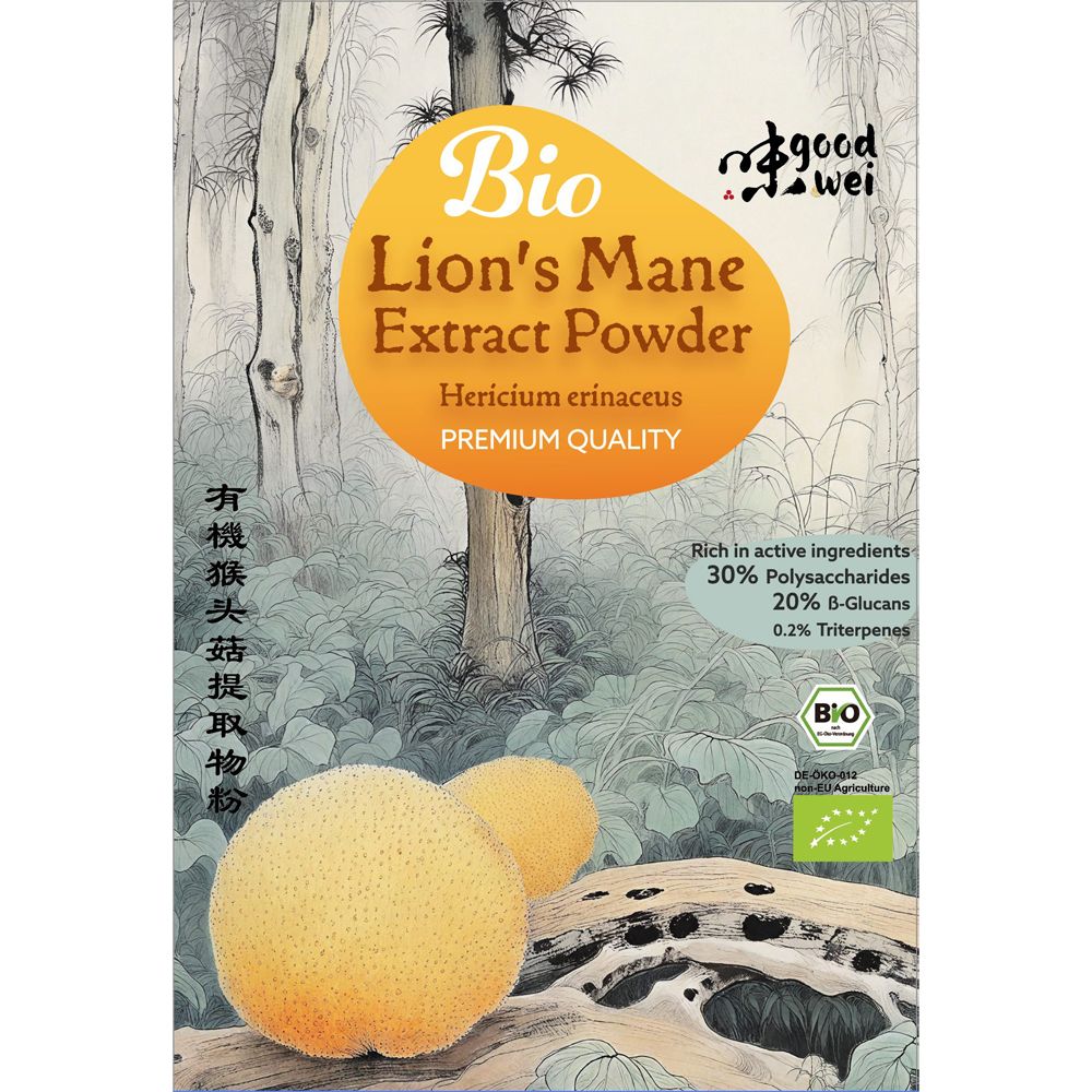 Verpackung mit "Bio Lion's Mane Extrakt Pulver". Enthält Hericium erinaceus. Mit Bio-Siegel und Angaben zu Inhaltsstoffen.