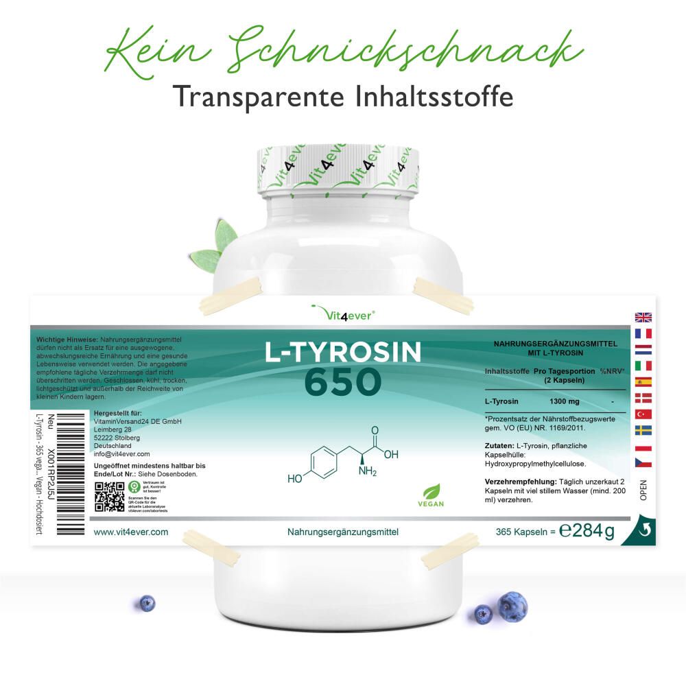Produktflasche mit Etikett. Aufschrift: L-Tyrosin 650, chemische Formel, vegan. Zusätzliche Informationen auf dem Etikett.