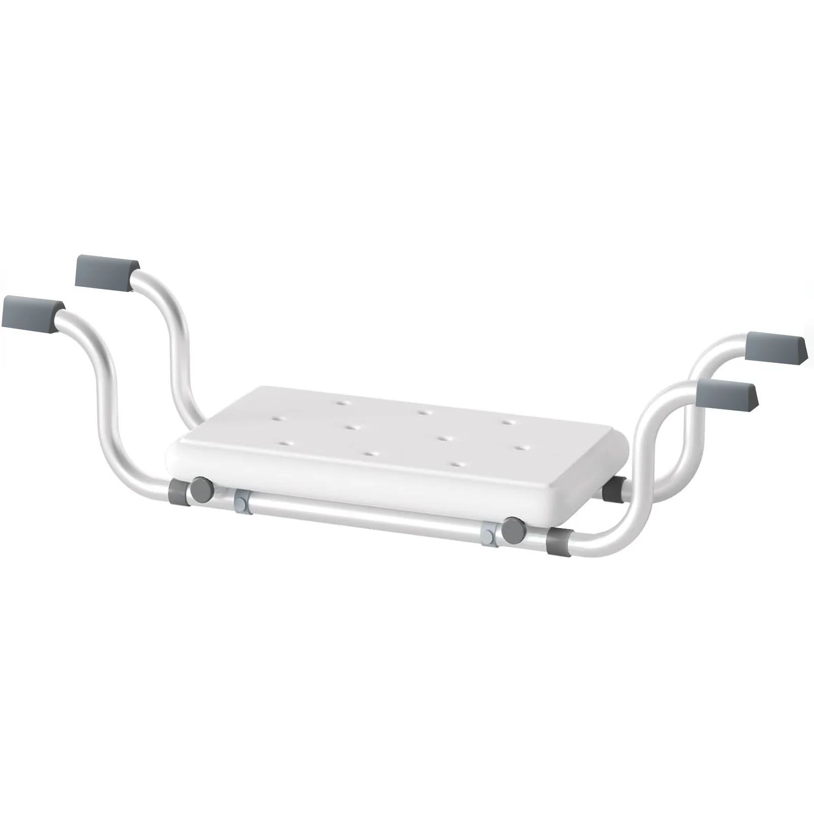 Badewannensitz mit weißer Sitzfläche und silbernem Rahmen. Graue Griffe an den Seiten.