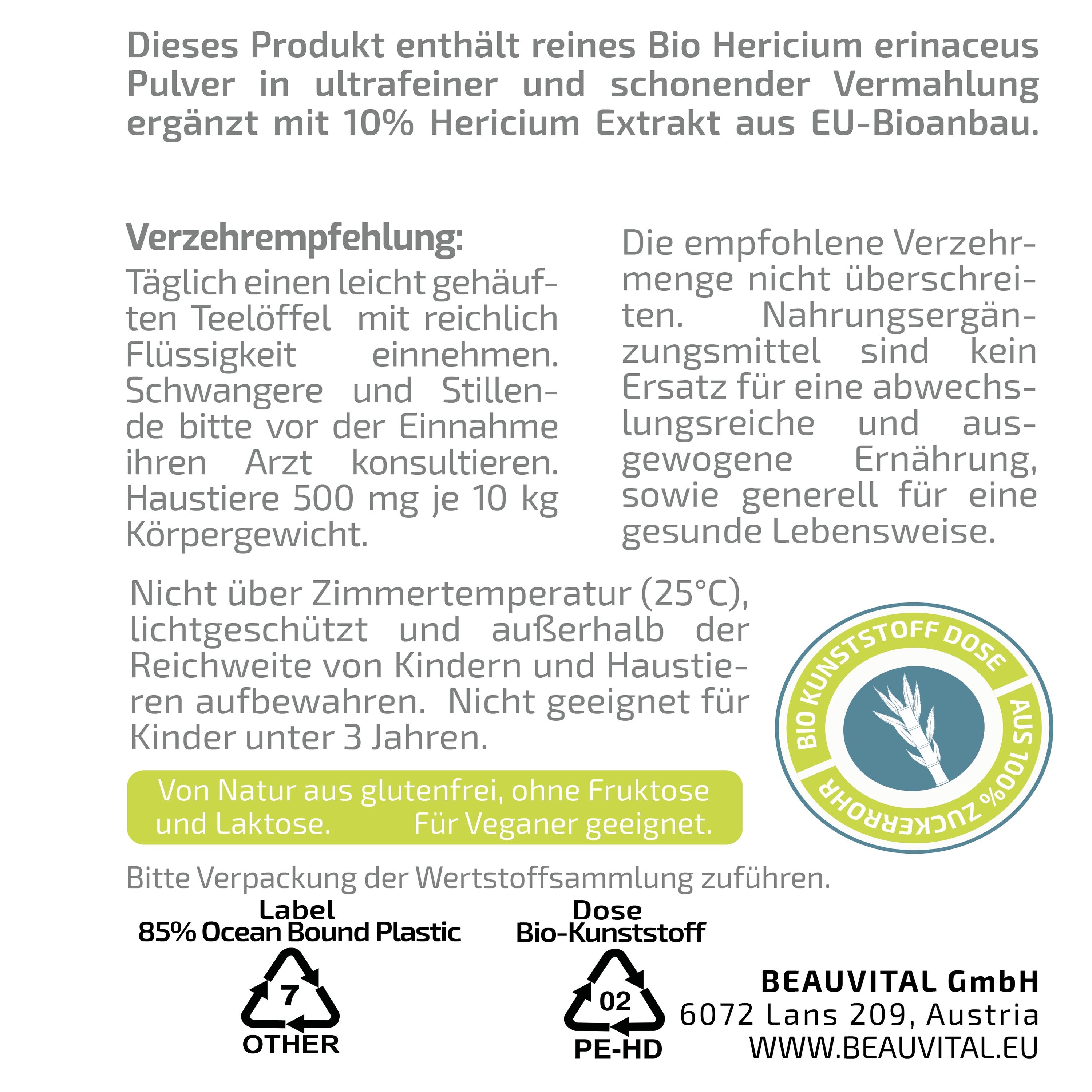 BEAUVITAL Hericium Produktinformationen mit Verzehrempfehlung und Bio-Siegel.