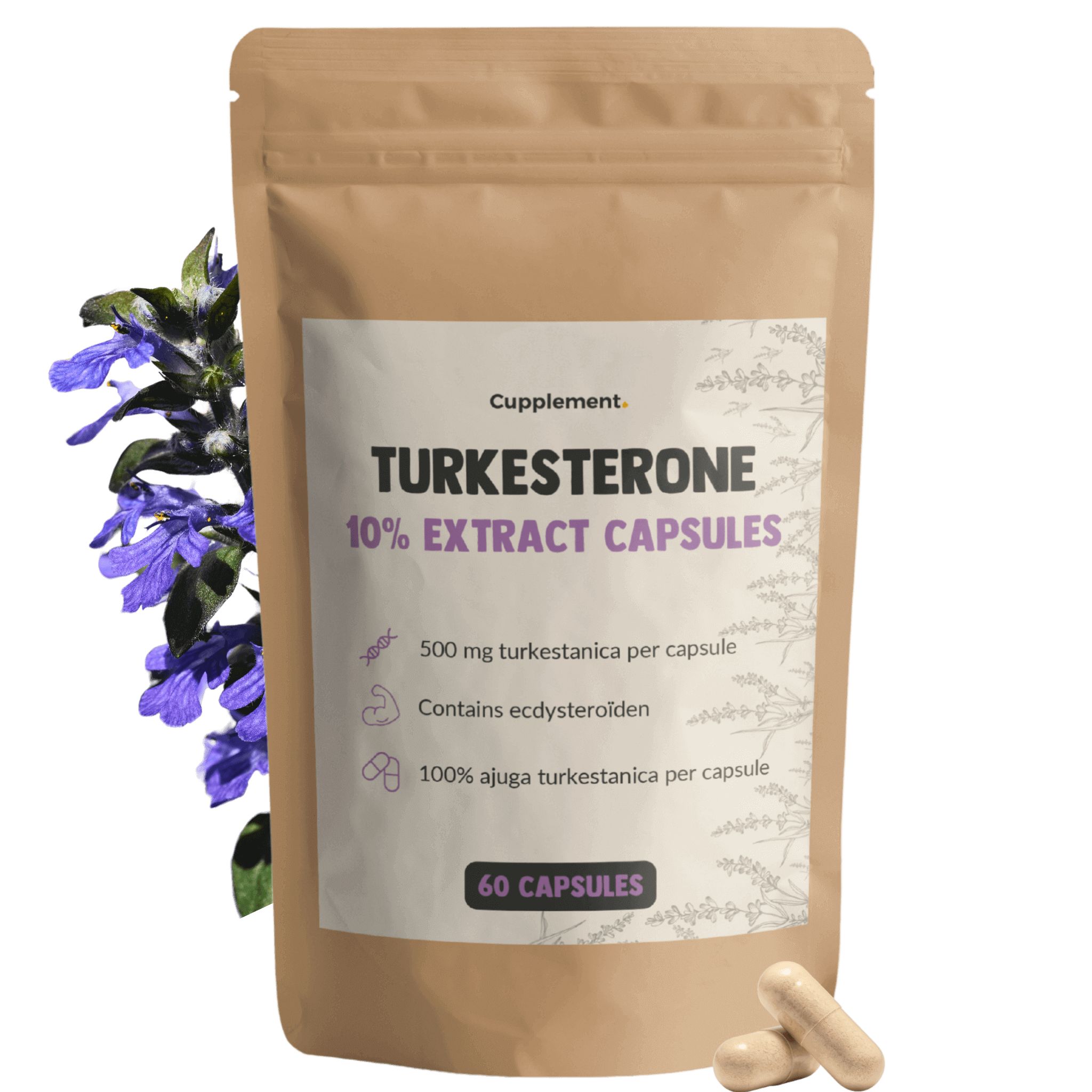 Beutel mit Kapseln. Aufschrift: Turkesterone 10:1 Extract Capsules. 60 Kapseln. Braune Kapseln daneben. Lila Blüten.