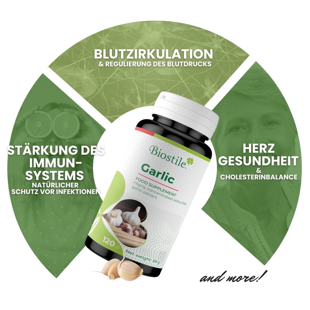 Ein Behälter Biostile Garlic Kapseln im Zentrum, umgeben von Grafiken zu Blutkreislauf, Immunsystem und Herzgesundheit.