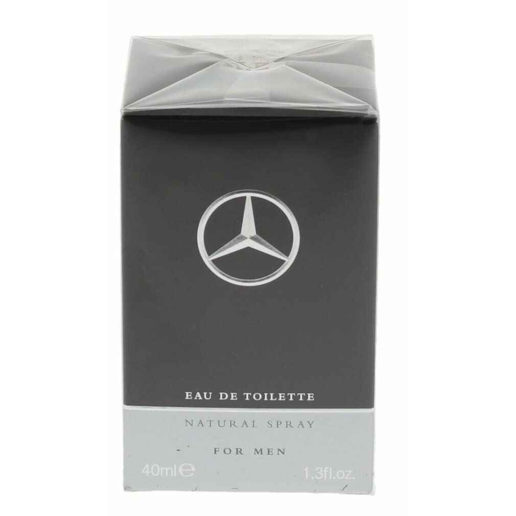 Schwarzer Karton mit silbernem Mercedes-Benz-Logo. Text: Eau de Toilette, Natural Spray, For Men. Unterseite: 40ml, 1.3 fl.oz.