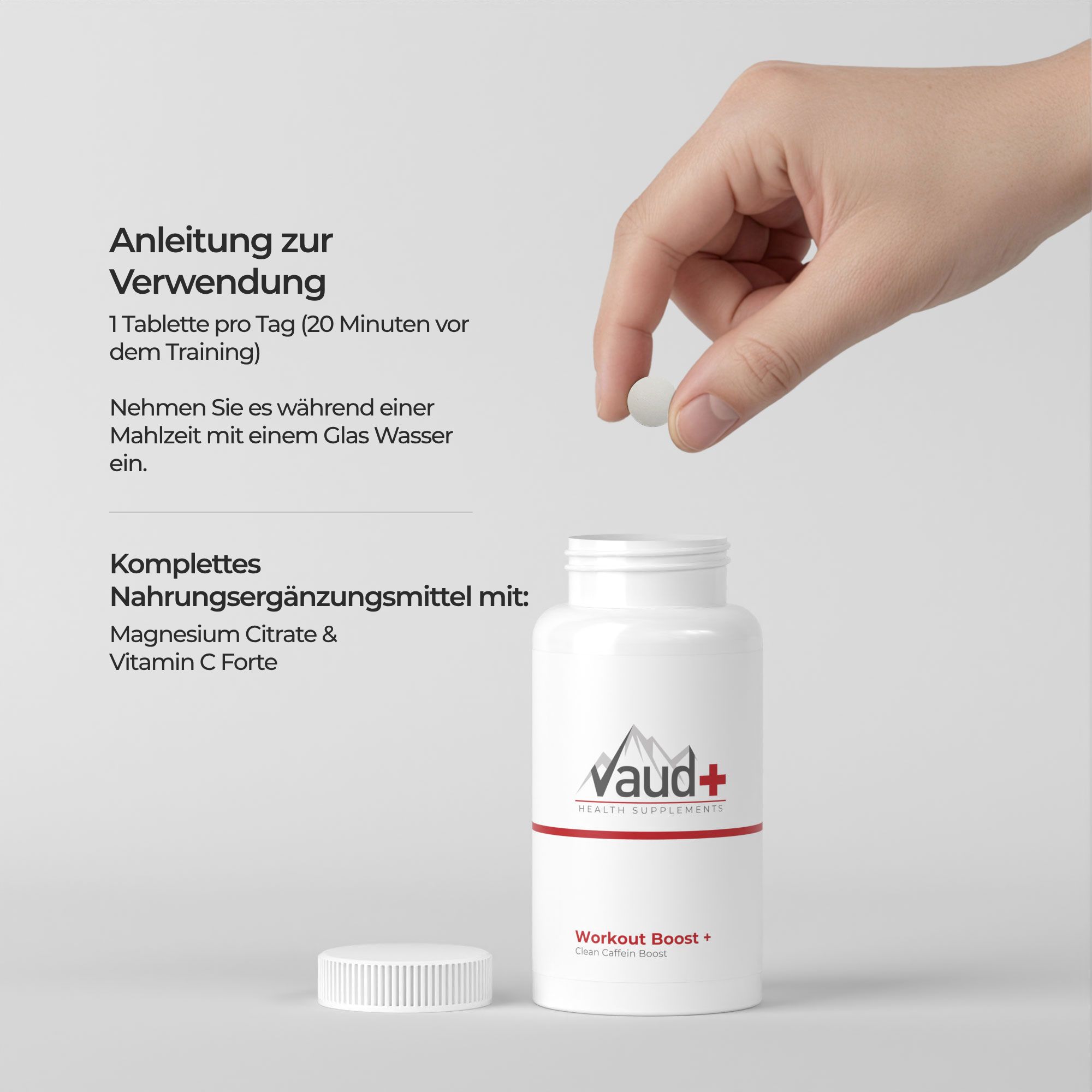 Hand hält Tablette über Flasche. Text: 'Anleitung zur Verwendung'. Vaud+ Flasche.