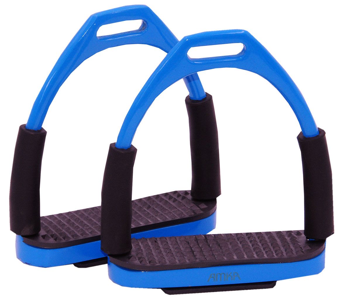 Zwei blaue Steigbügel mit schwarzem Tritt und Gelenk. Schwarze Polsterung an den Seiten. AMKA-Logo.