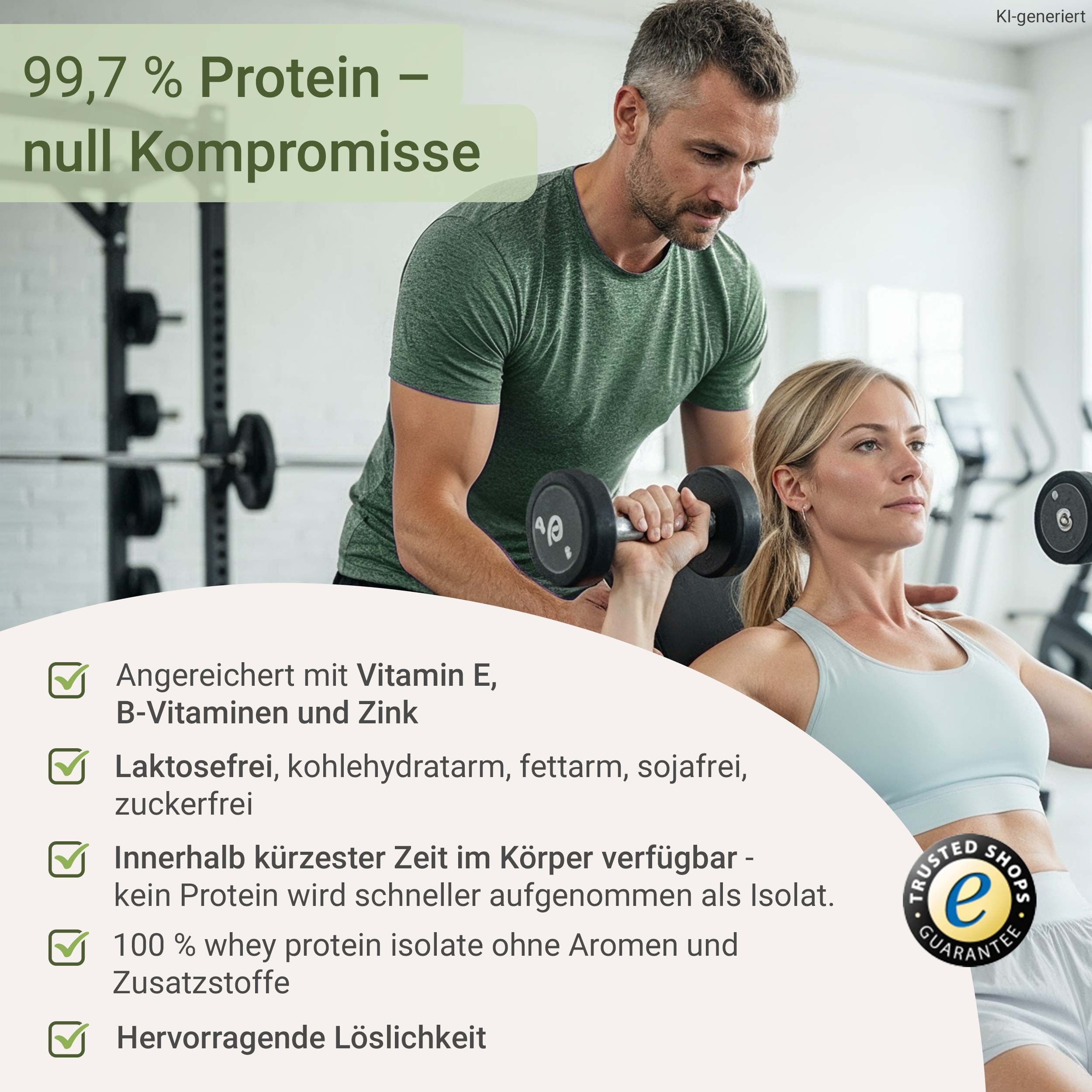 Mann und Frau im Fitnessstudio mit Hanteln. Produkt angereichert mit Vitamin E, B-Vitaminen und Zink. Laktose-, kohlenhydrat-, fett- und sojafrei.