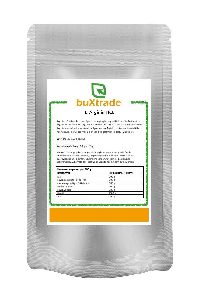 Beutel mit Produktetikett. Aufschrift: buXtrade L-Arginin HCL. Grün umrandetes Etikett mit Nährwertangaben.
