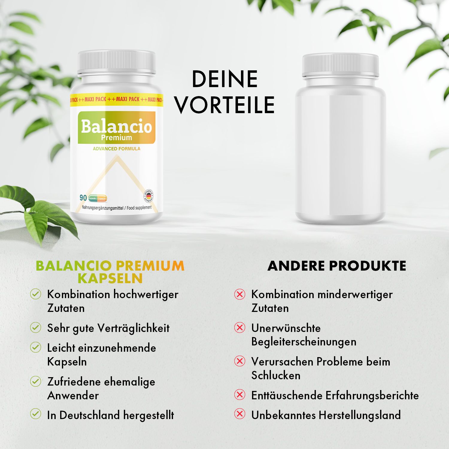 Vergleich Balancio Premium Kapseln mit anderem Produkt. Vorteile: hochwertige Zutaten, gute Verträglichkeit. Nachteile: minderwertige Zutaten.