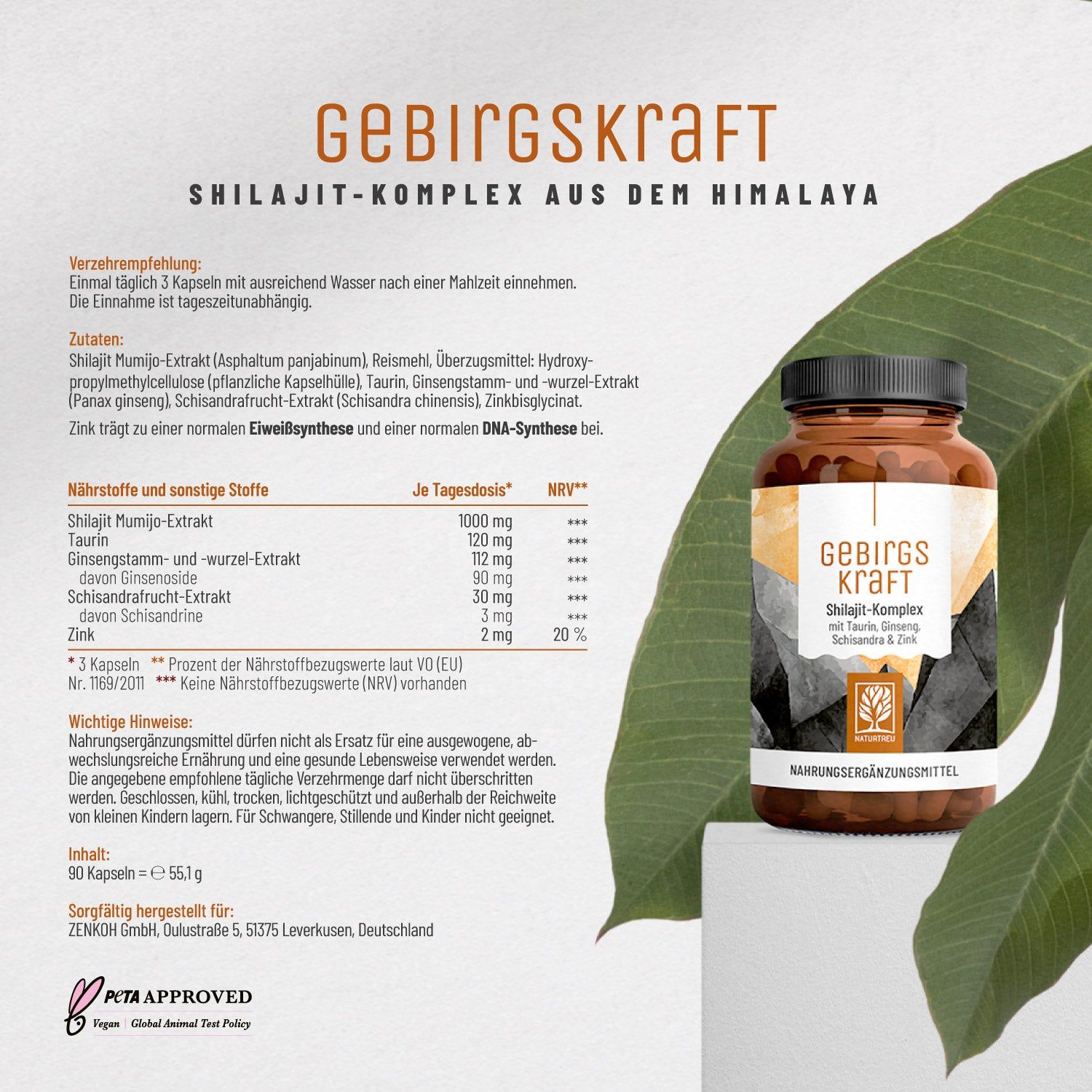 Produktflasche und Blätter. Text: Gebirgskraft Shilajit-Komplex. Inhaltsstoffe und Dosierung. PETA-Siegel.