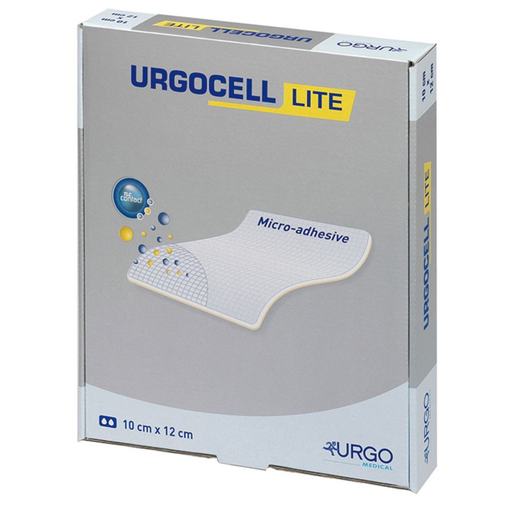 Verpackung von UrgoCell Lite Verband. Aufschrift: UrgoCell Lite, Micro-adhesive, 10 cm x 12 cm. Logo von Urgo Medical.