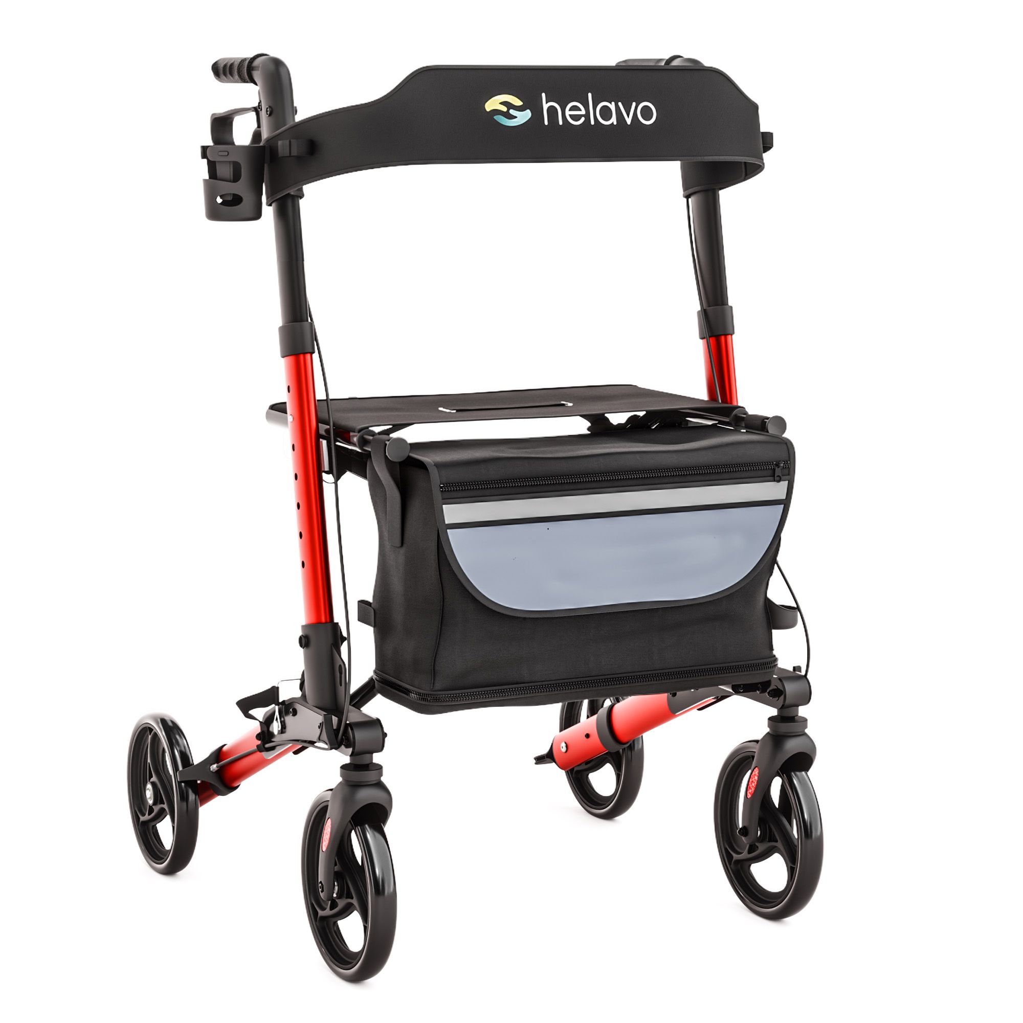 Roter Helavo Rollator mit Sitz, Tasche und Becherhalter. Leichtgewicht mit 8,3kg.