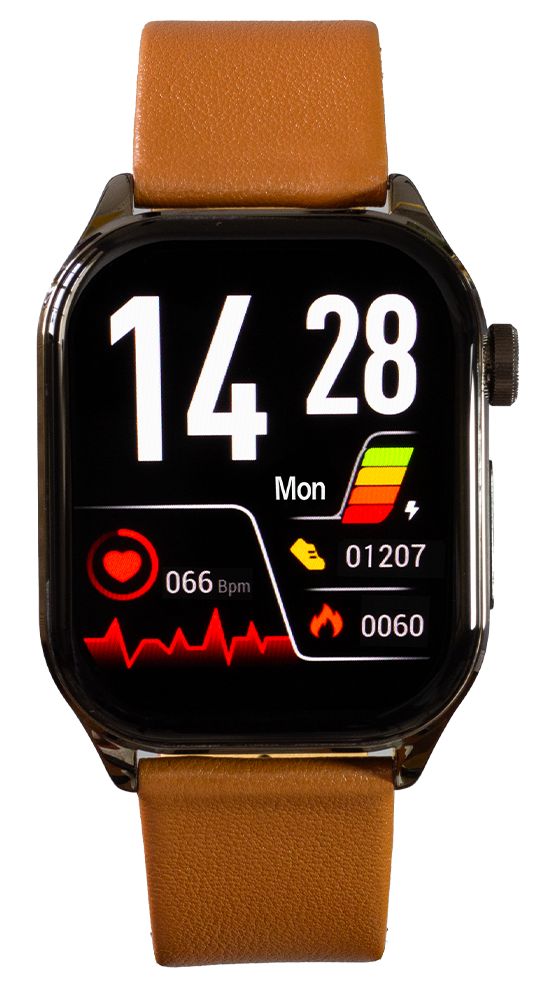 Smartwatch mit braunem Lederarmband. Schwarzes Display mit Uhrzeit, Herzfrequenz, Akkustand und weiteren Daten. Rotes Herzsymbol.