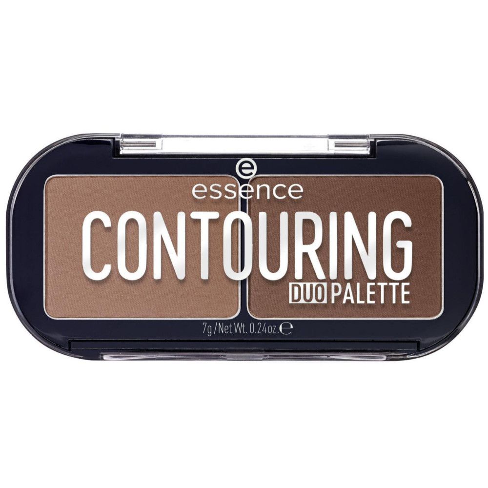 Konturpalette mit zwei Farbtönen. Schwarzer Rahmen, Aufschrift: essence CONTOURING DUO PALETTE. 7g/Net Wt. 0.24 oz e.