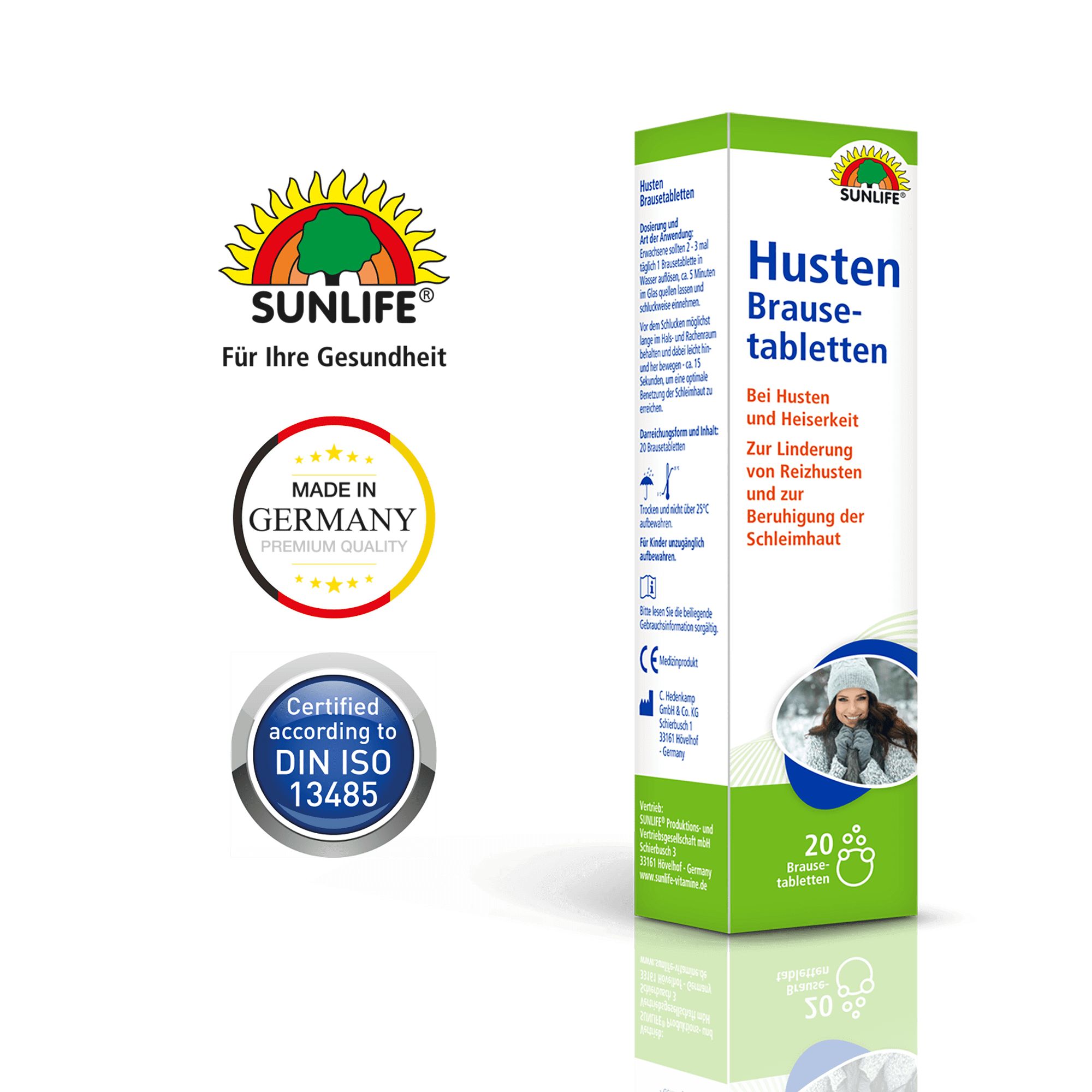Grüne und weiße Schachtel mit SUNLIFE-Logo, Husten Brausetabletten, 20 Tabletten, Made in Germany, DIN ISO 13485 Zertifizierung.