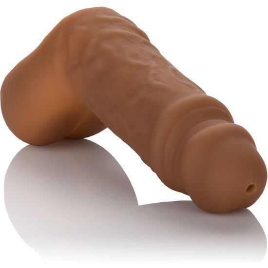 Brauner Silikonaufsatz. Geformt wie ein Penis. Geriffelte Oberfläche. Mit Öffnung.