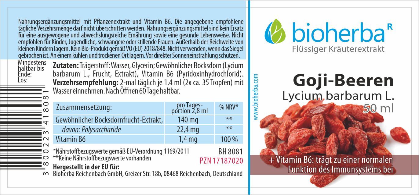 Etikett mit Produktinformationen. Text: Bioherba, Goji-Beeren, Lycium barbarum L., 50 ml. Zutaten, Nährwertangaben, Verzehrempfehlung, Hersteller.