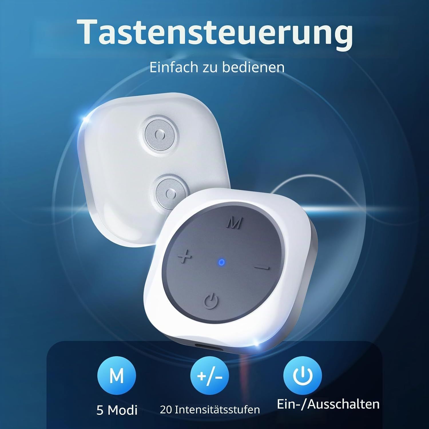 TENS-Modul mit Magnetverbindung für stabile Befestigung am Arm.