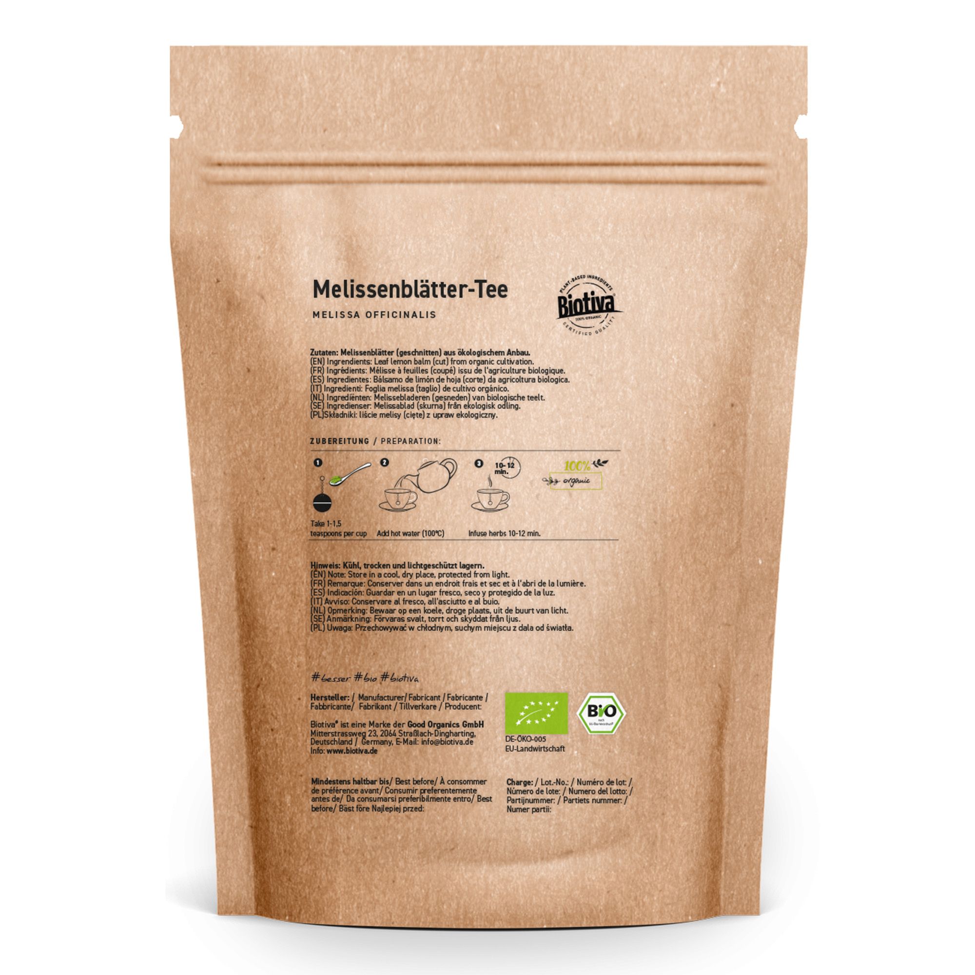 Braune Papierverpackung mit Text. Biotiva Logo und Bio-Siegel. Rückseite mit Informationen.