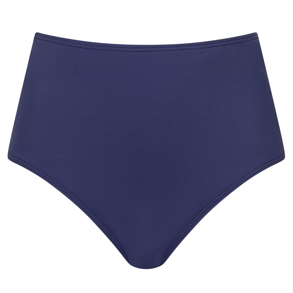 Dunkelblaue, hoch taillierte Badehose. Glatter Stoff, hoher Bund, vollständige Abdeckung.