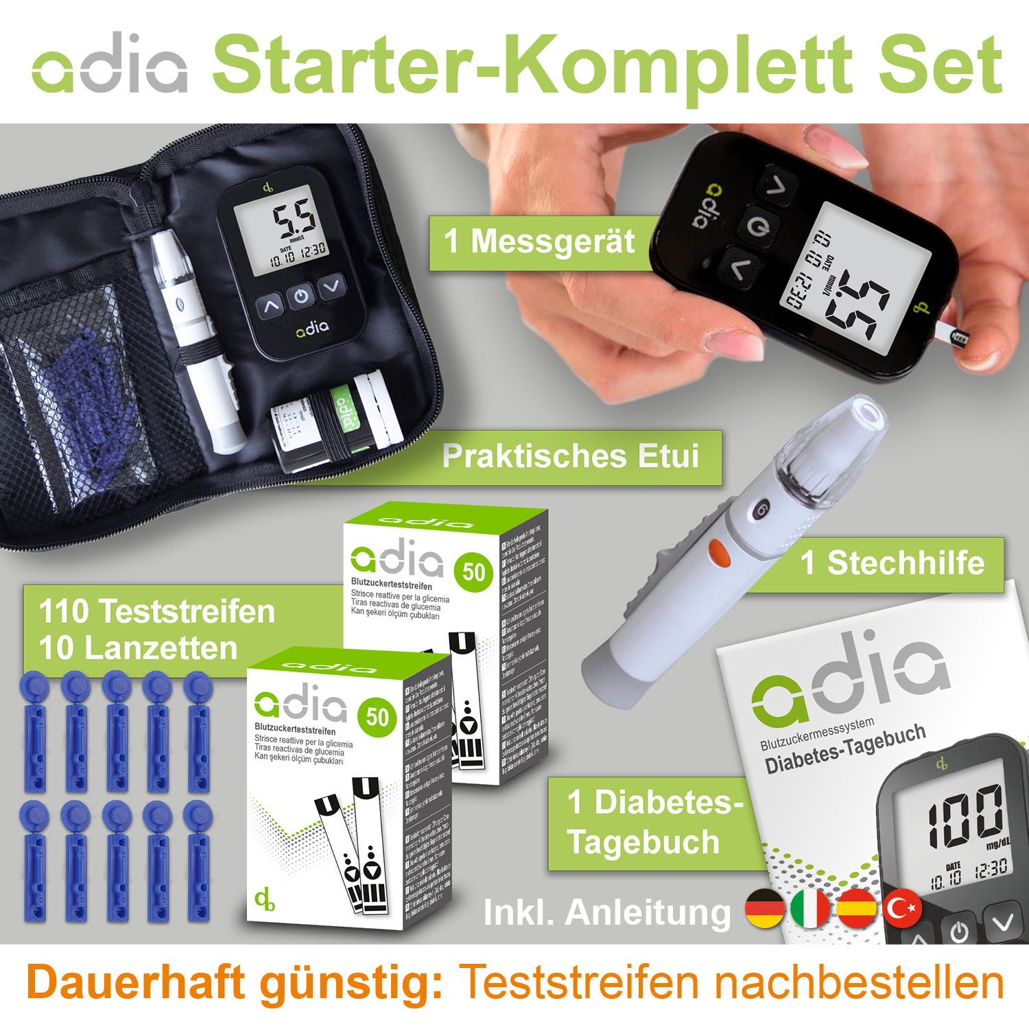 adia Diabetes-Set: Blutzuckermessgerät (mmol/L) mit 110 Blutzuckerteststreifen