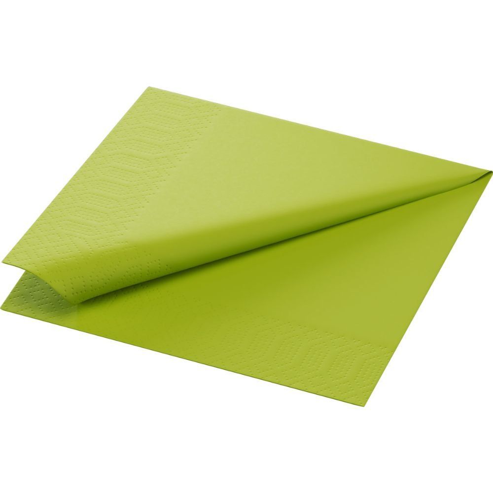 Grüne Papierserviette, gefaltet. Oberfläche mit Muster. Eckansicht.