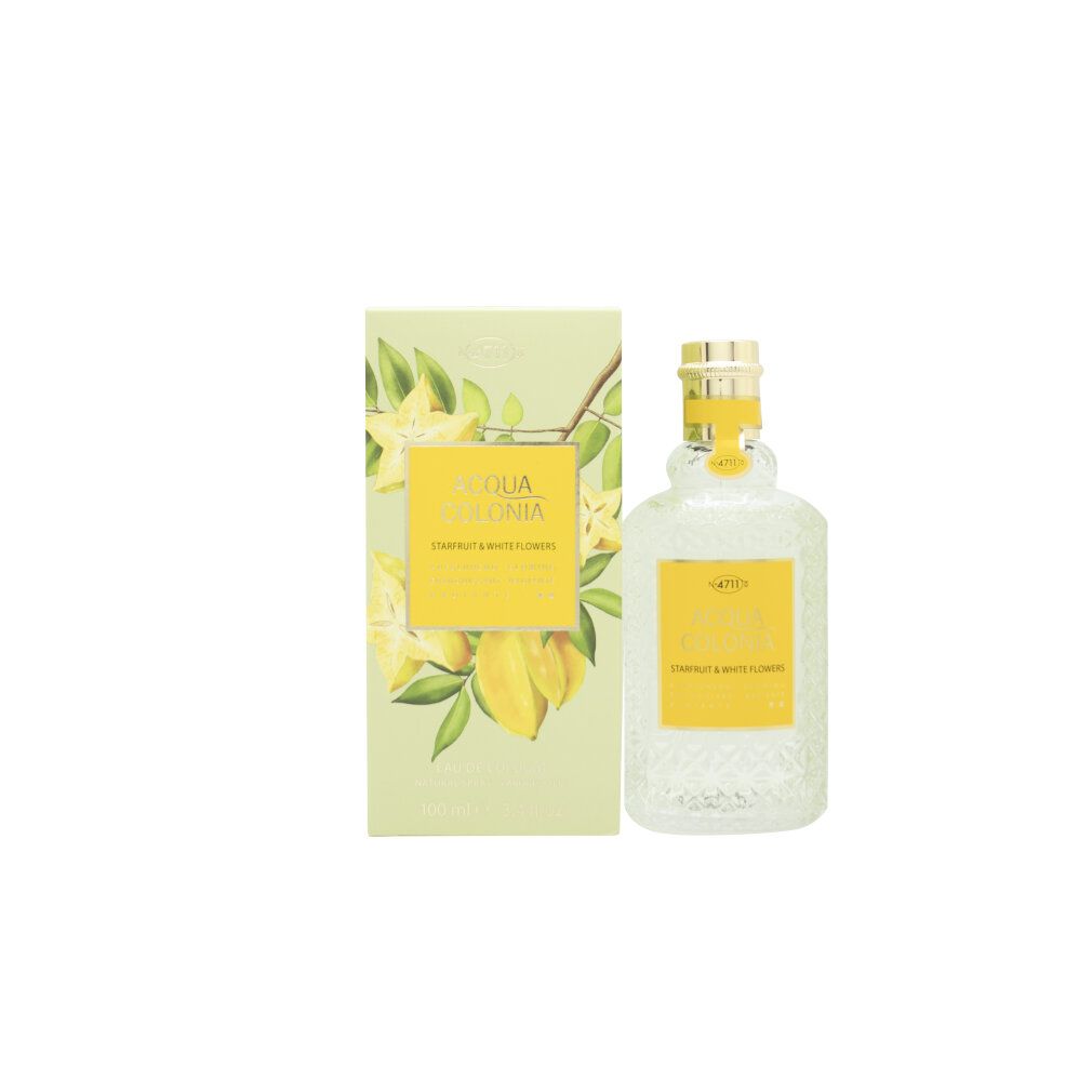 Acqua Colonia Starfruit & White Flowers Flakon neben der passenden Verpackung mit Sternfrucht-Motiv.