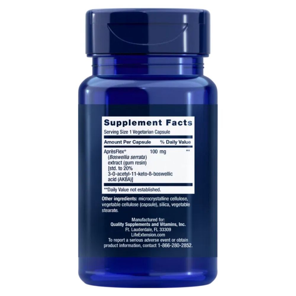 Rückseite des Life Extension 5-LOX Inhibitor Behälters mit Nährwertangaben und ApresFlex 100 mg.