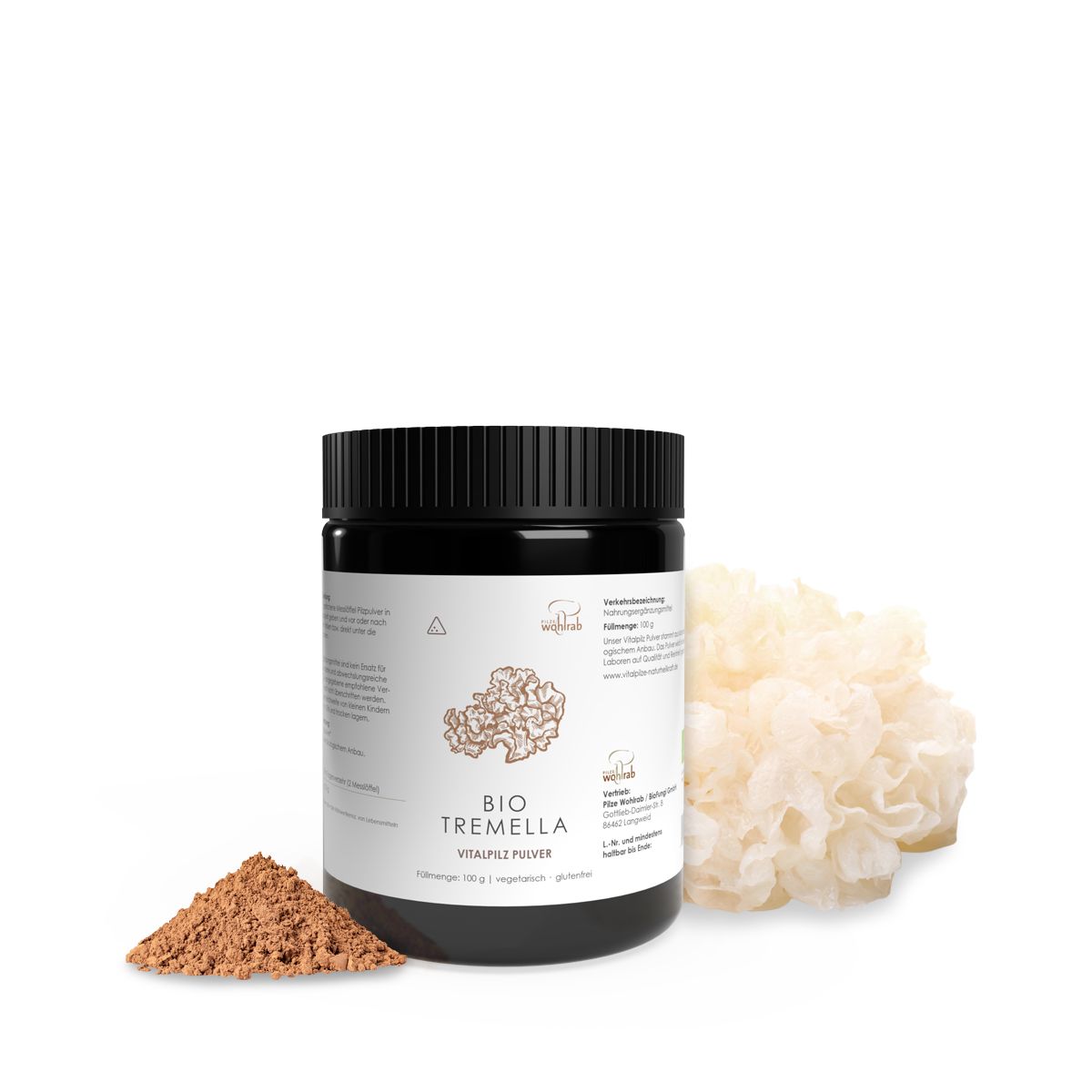 Schwarze Dose mit BIO Tremella Vitalpilz Pulver und Tremella-Pilz. Daneben Pulverhaufen. Aufschrift: BIO Tremella Vitalpilz Pulver.