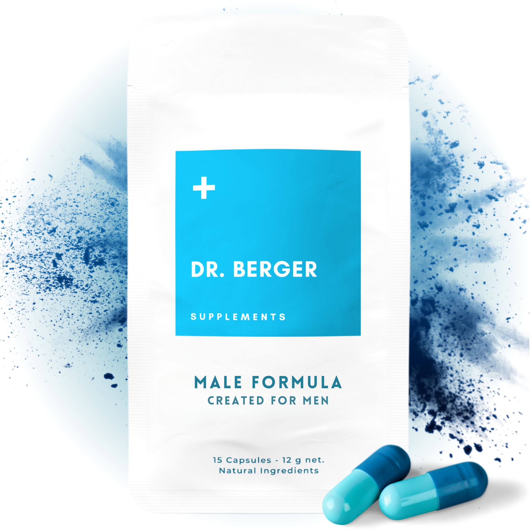 Weiße Verpackung mit blauer Fläche. Schriftzug: DR. BERGER, MALE FORMULA. Zwei Kapseln daneben.