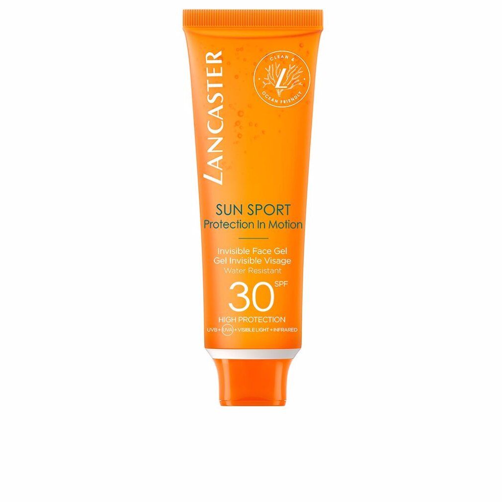 Orange Tube mit Lancaster Sun Sport Invisible Face Gel SPF30. Text: Wasserfest, Clean & Vegan.