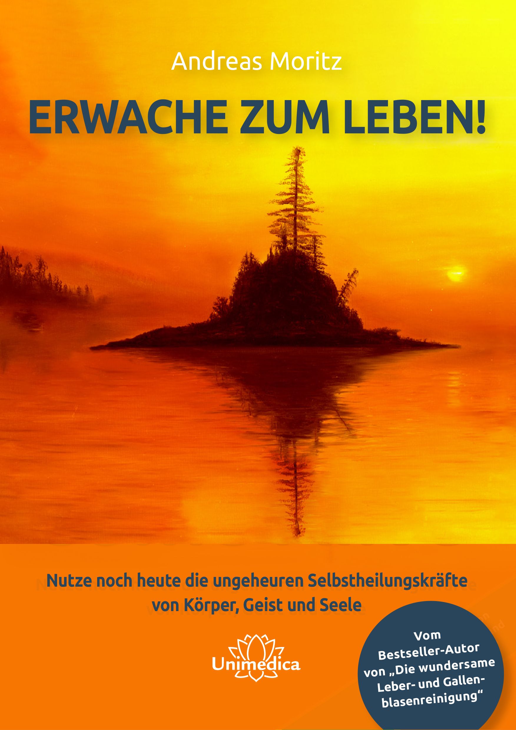 Buchcover mit Titel "Erwache zum Leben!". Autor Andreas Moritz. Landschaft mit Insel und Text.