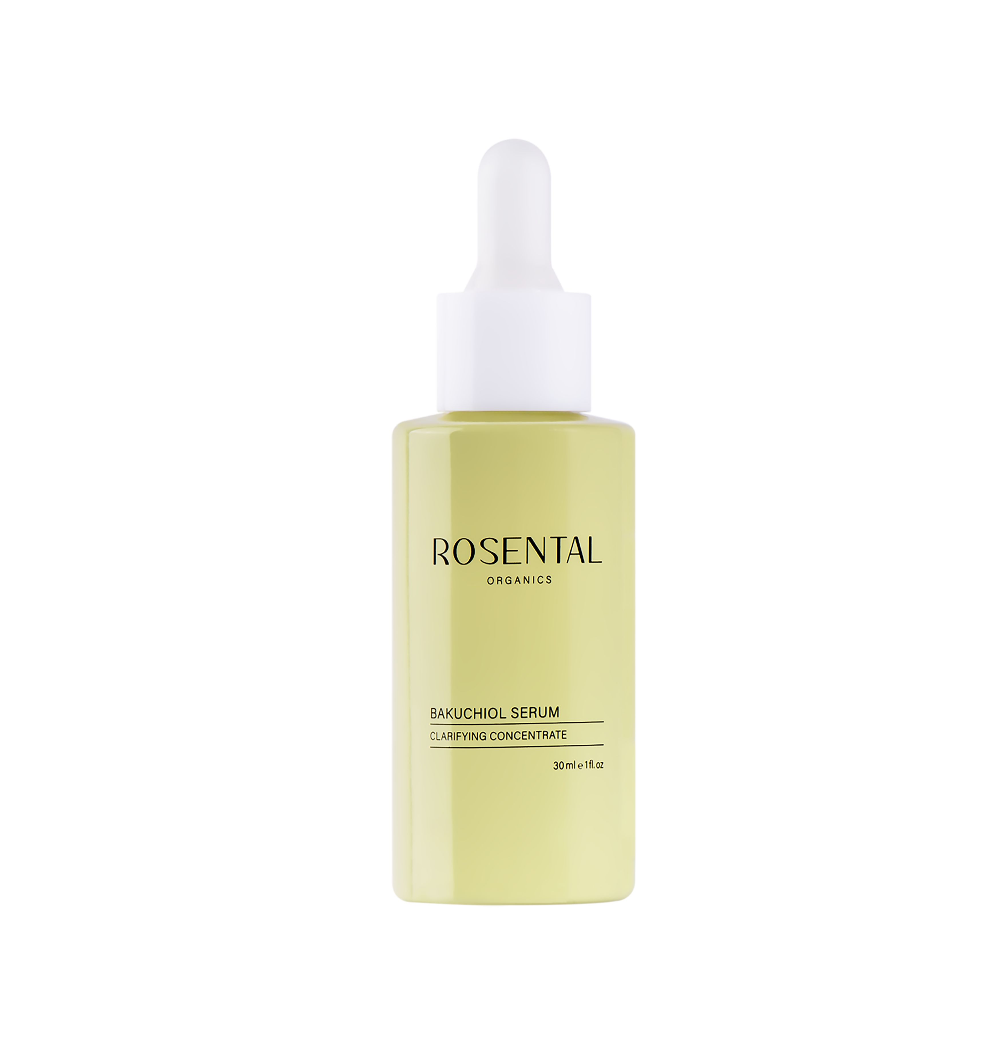 Grüne Serumflasche mit weißem Deckel. Text: ROSENTAL, Bakuchiol Serum, 30ml + 1oz.