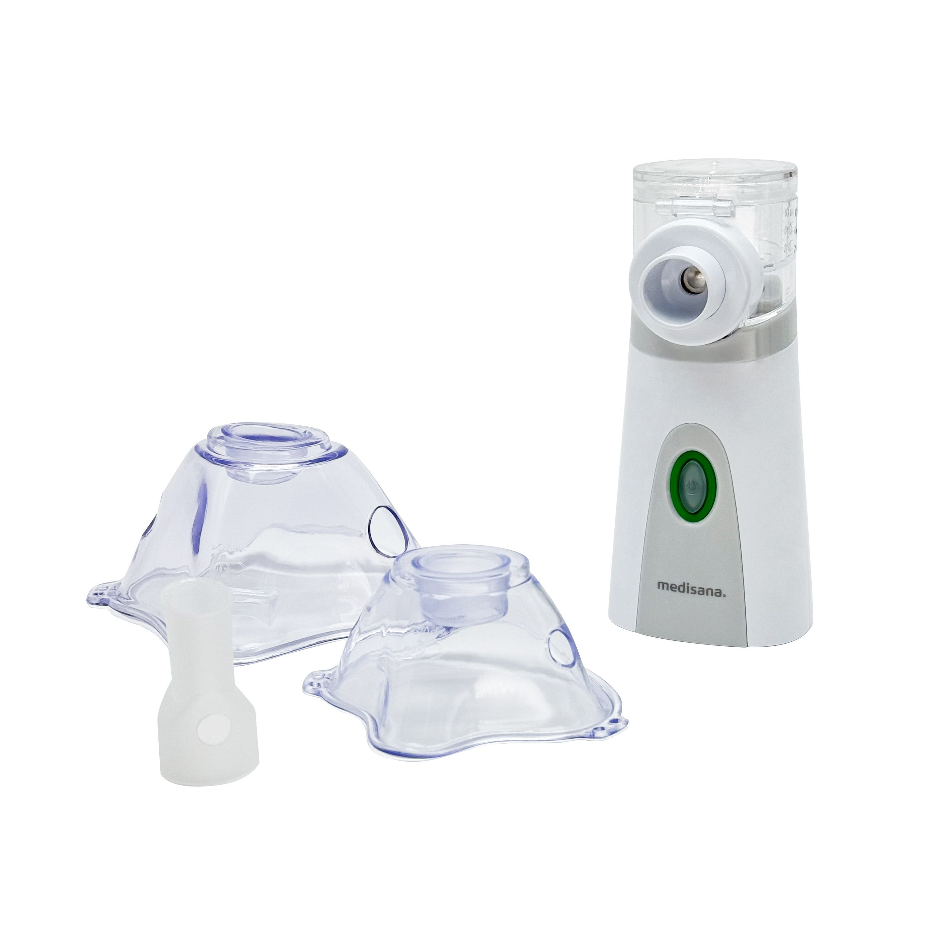 Inhalator mit Zubehör: Masken und Mundstück. Weißes Gehäuse mit grauem Akzent und grünem Knopf. Marke: medisana.