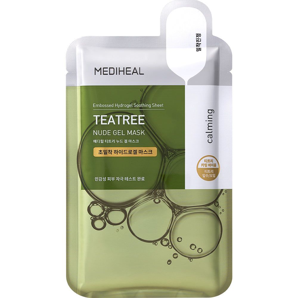 Verpackung der MEDIHEAL Teatree Nude Gel Hydrogelmaske. Grün, mit Blasen-Design und Produktnamen.