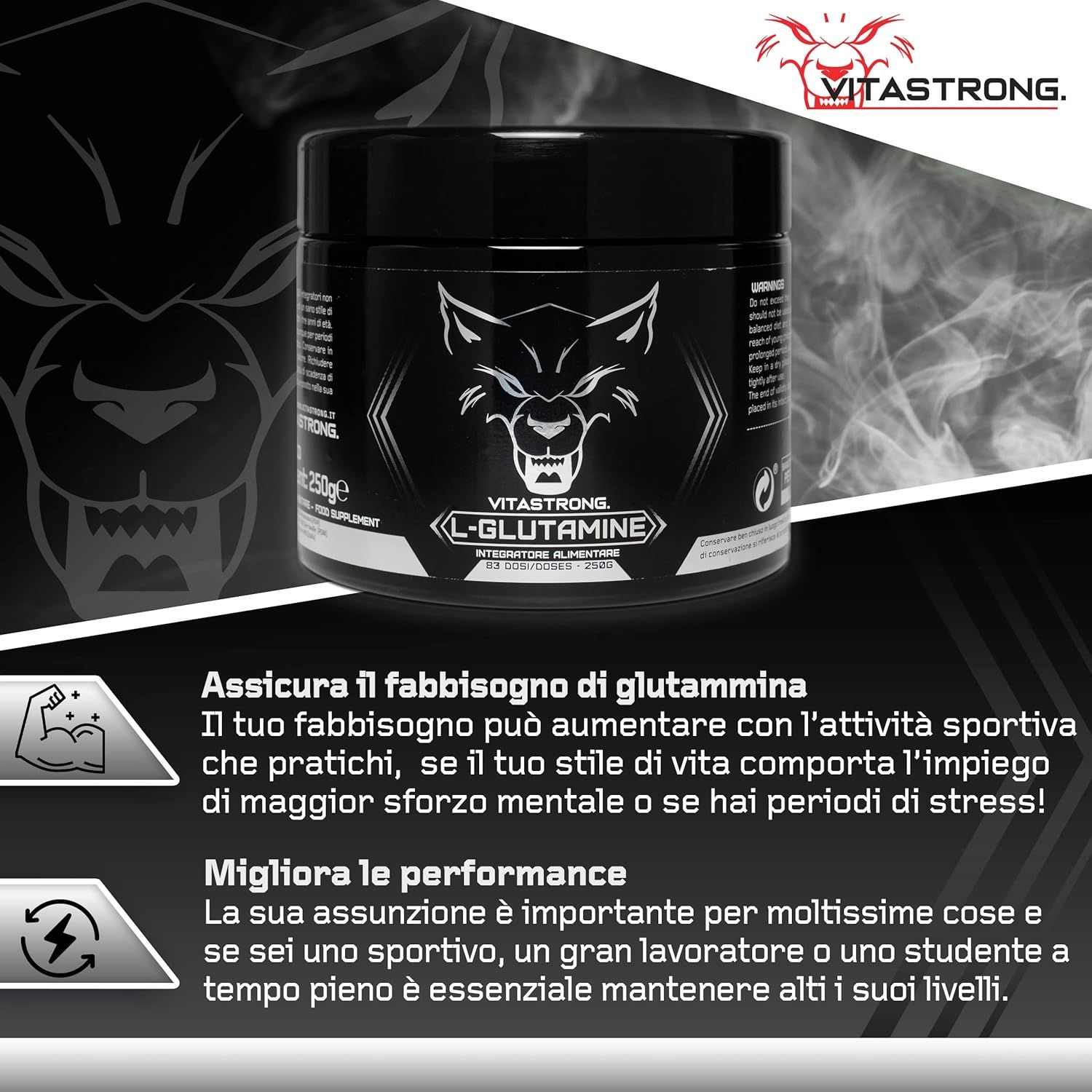 Produkt mit Text. Vitastrong L-Glutamin. Wolf-Logo. Text über Glutaminbedarf und Leistungssteigerung.